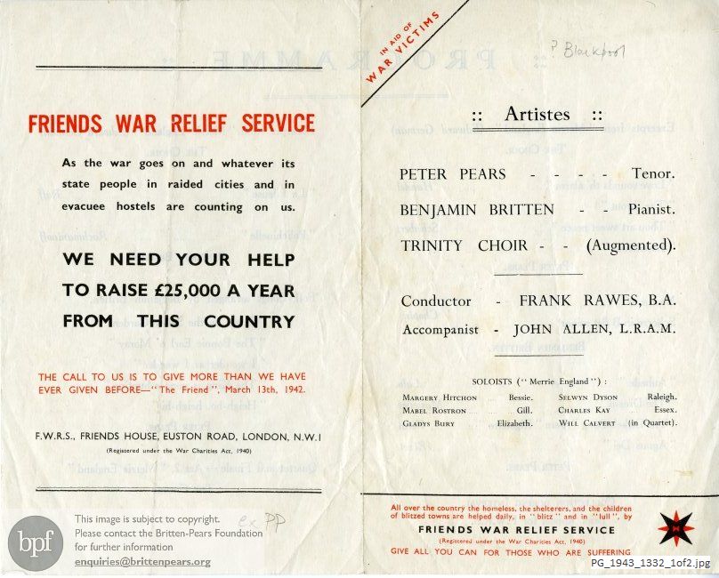 Concert programme:  Britten Folk Song Arrangements, Blackpool (?)