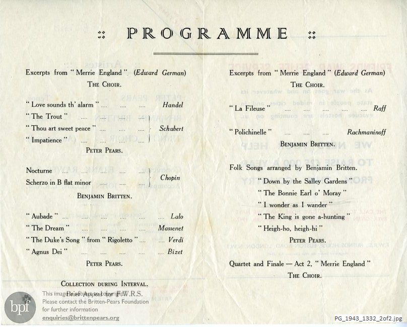 Concert programme:  Britten Folk Song Arrangements, Blackpool (?)