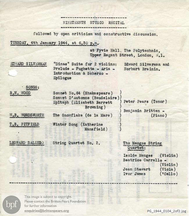 Various Composers, Fyvie Hall, The Polytechnic, London