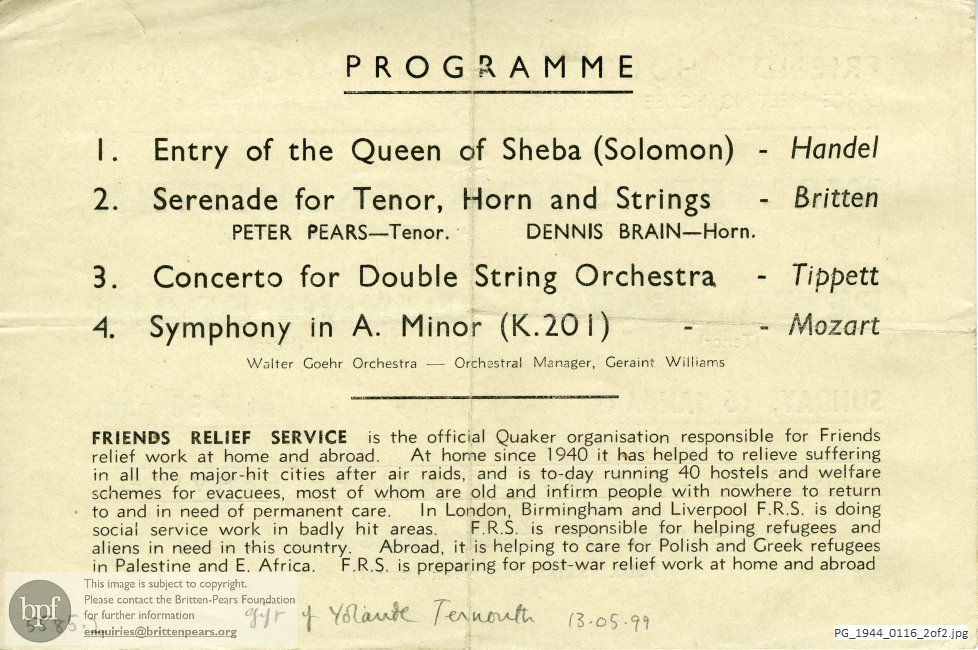 Britten Serenade for Tenor, Horn and Strings, Friends House, London.