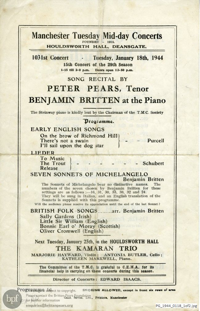 Pears-Britten recital, Houldsworth Hall, Deansgate, Manchester.