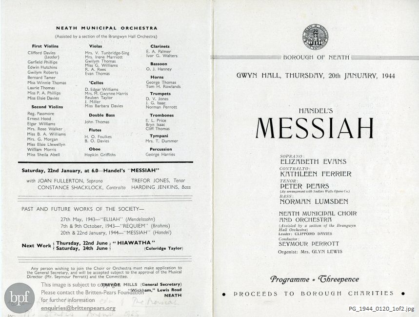 Concert programme:  Handel Messiah, Gwyn Hall, Neath.