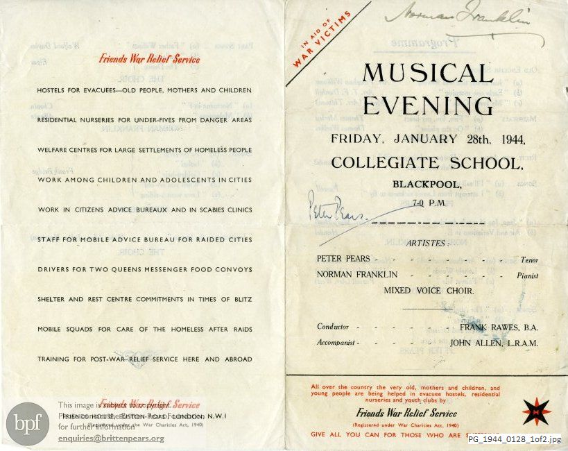 Pears-Franklin recital, Collegiate School, Blackpool