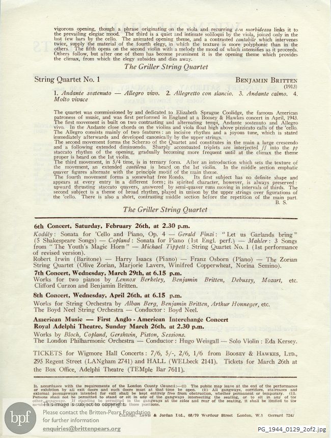 Britten String Quartet No. 1, Wigmore Hall, London.