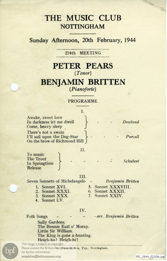 Pears-Britten recital, Music Club, Nottingham.