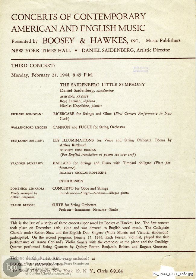 Britten Les Illuminations, New York Times Hall, New York.