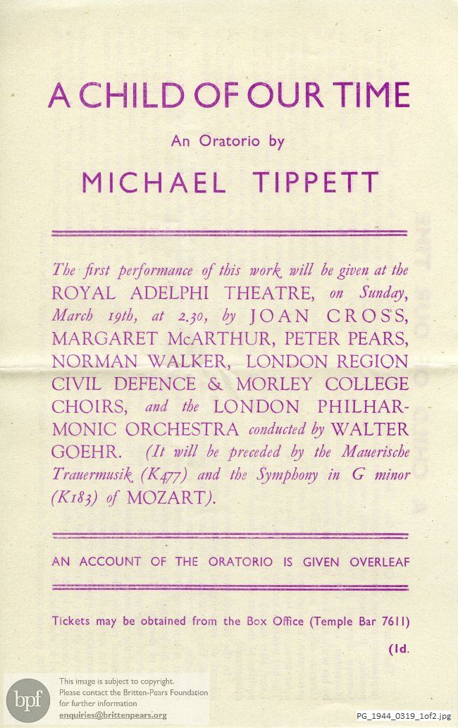 Tippett A Child of our Time, Royal Adelphi Theatre, London.
