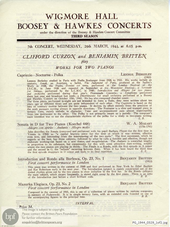 Works for two pianos, Wigmore Hall, London