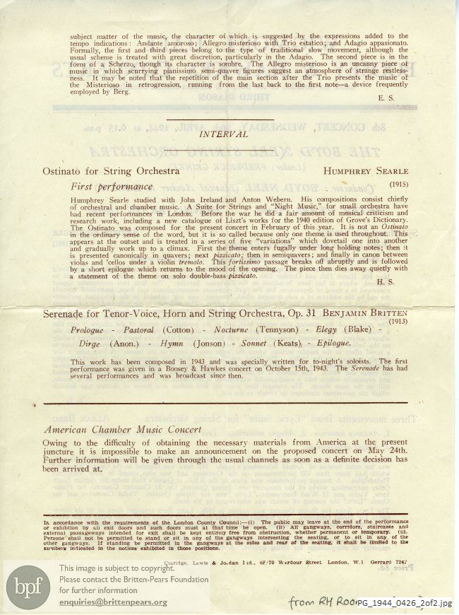 Britten Serenade for Tenor, Horn and Strings, Wigmore Hall, London