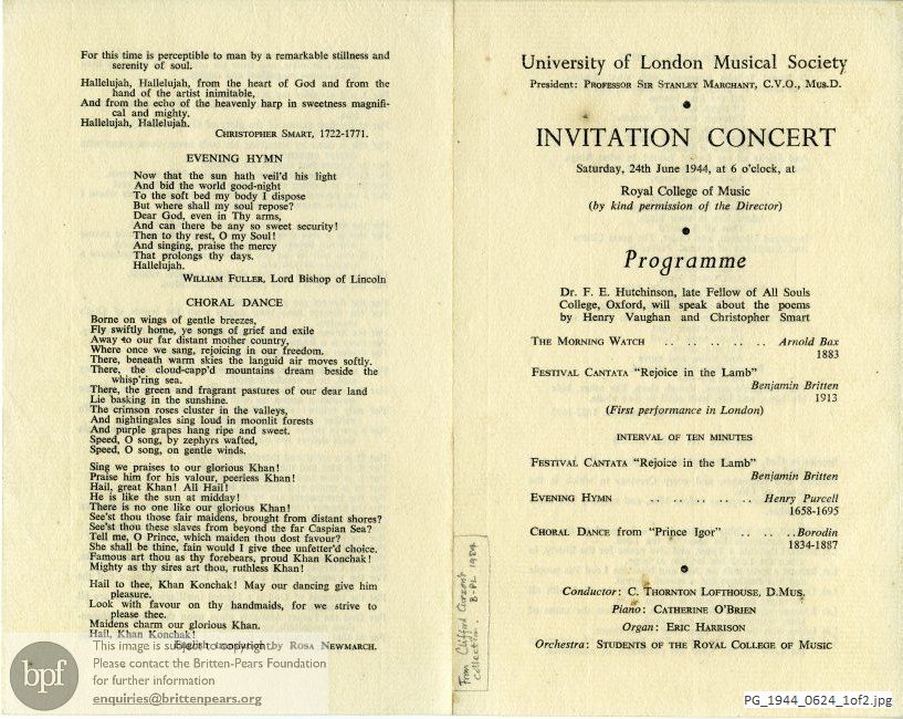 Britten Rejoice in the Lamb, Royal College Of Music, London