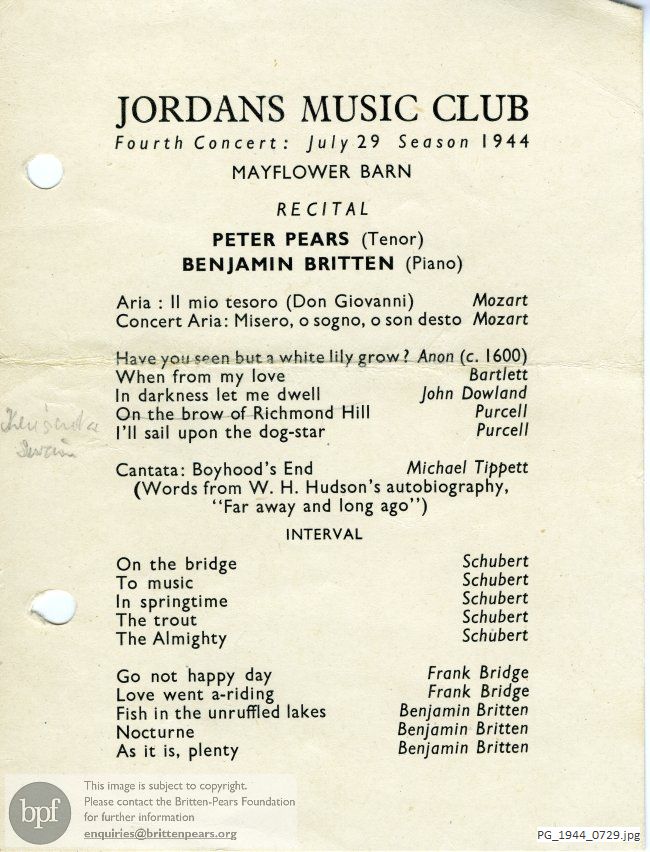 Pears-Britten recital, Old Jordans, Near Beaconsfield, Buckinghamshire
