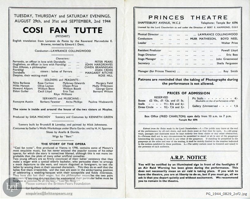 Mozart Cosi Fan Tutte, Princes Theatre, London