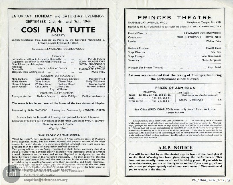 Mozart Cosi Fan Tutte, Princes Theatre, London.