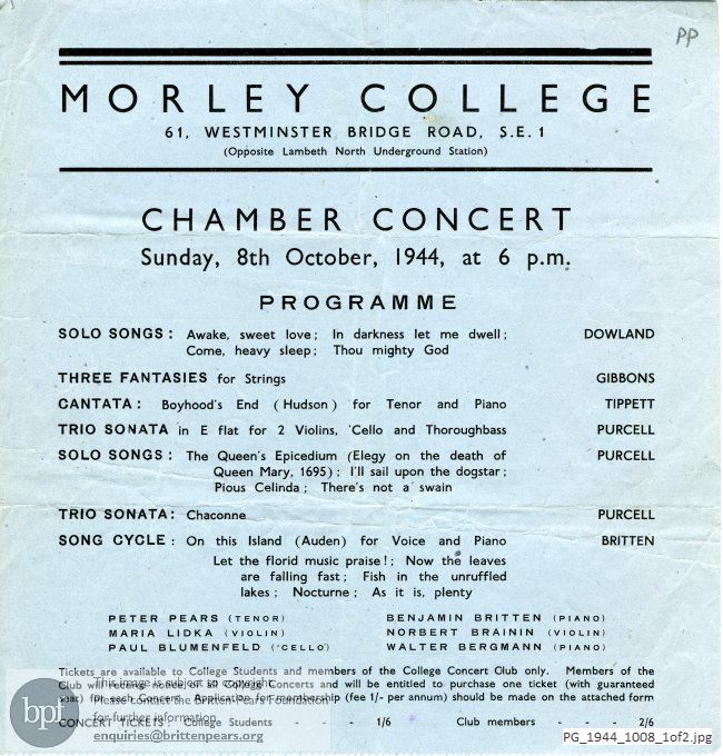 Britten On This Island and Purcell realisations, Morley College, London