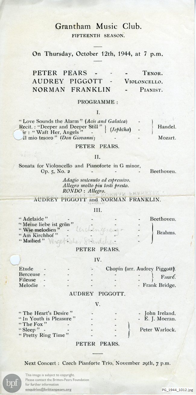 Peter Pears recital, Grantham, Lincolnshire