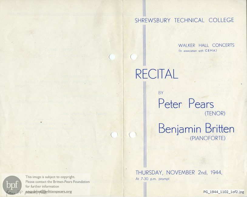 Pears-Britten recital, Walker Hall, Shrewsbury Techinical College, Shrewsbury