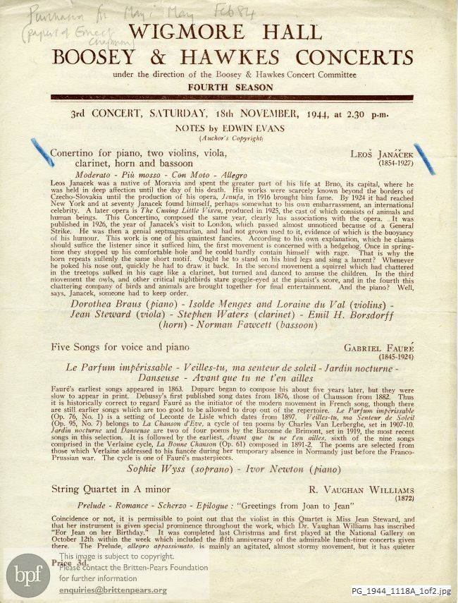 Britten Folk songs, Wigmore Hall, London