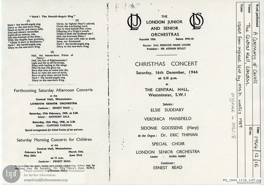 Christmas concert, Central Hall, Westminster