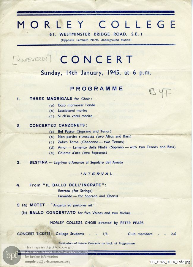 Monteverdi concert, Morley College, London