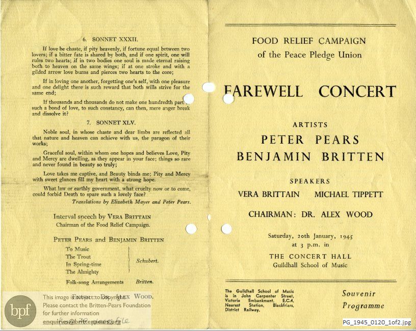 Pears-Britten recital, Concert Hall, Guildhall School of Music