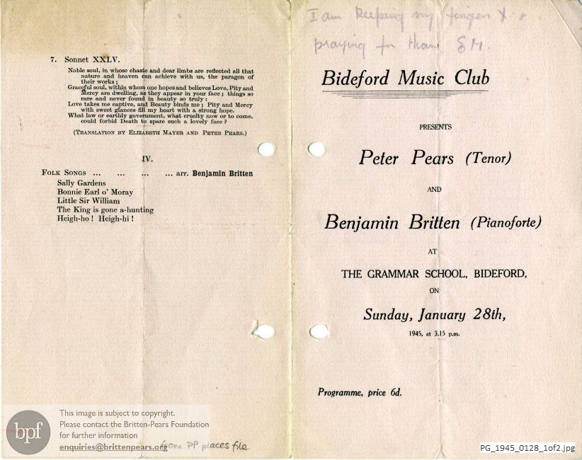 Pears-Britten recital, Grammar School, Bideford, Devon