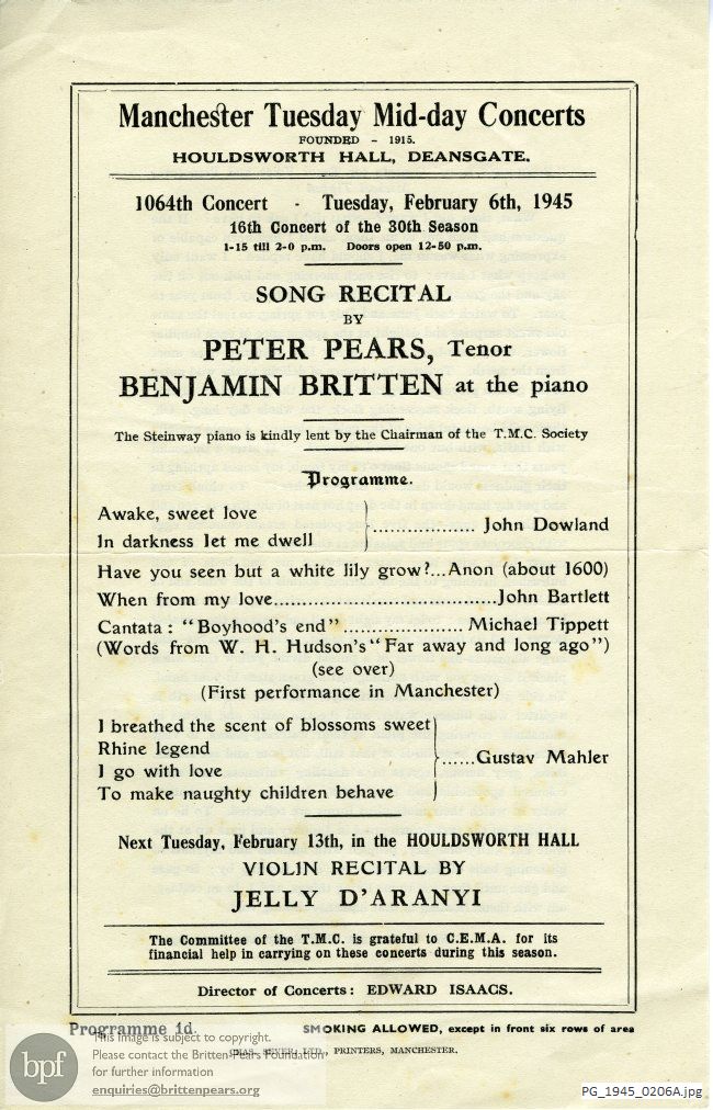 Pears-Britten recital, Houldworth Hall, Deansgate, Manchester