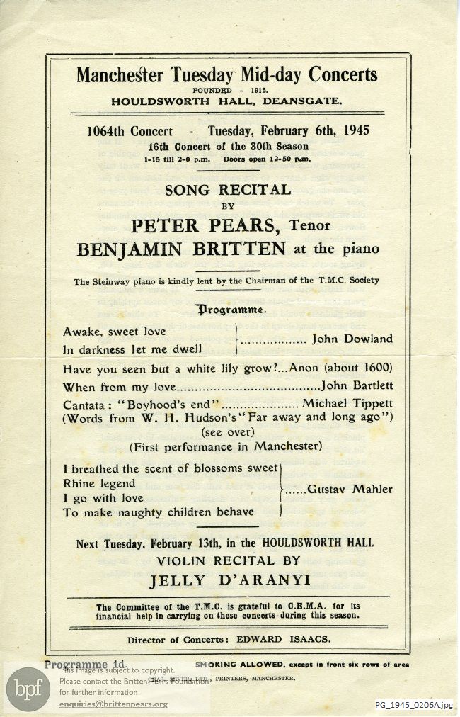 Pears-Britten recital, Houldworth Hall, Deansgate, Manchester