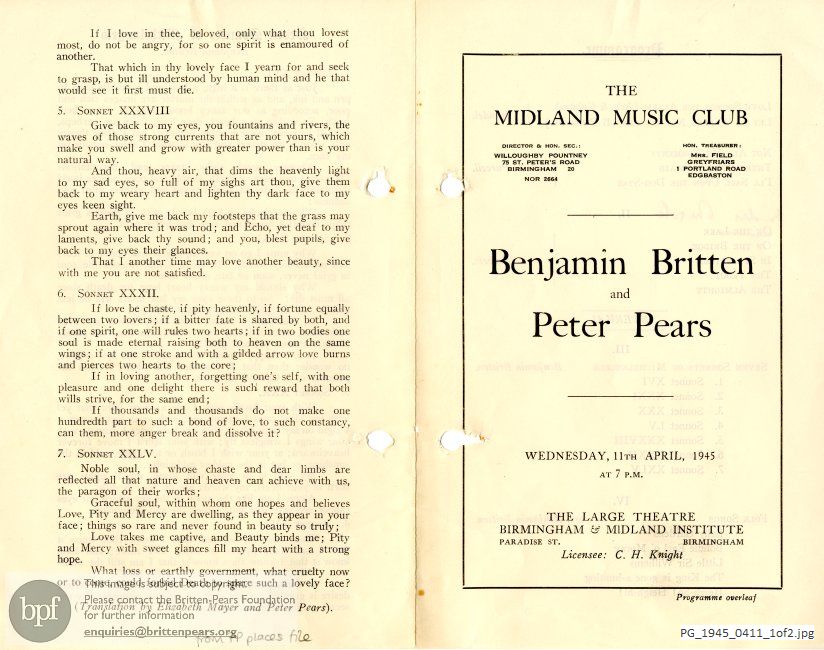Pears-Britten recital, The Large Theatre, Birmingham and Midland Institute, Birmingham.