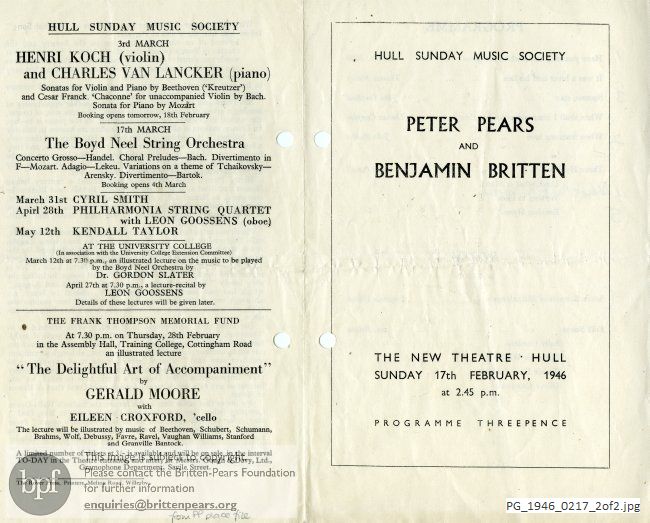Britten Henry Purcell: Six Songs, Henry Purcell: Three Divine Hymns, Seven Sonnets of Michelangelo, Folk Song Arrangements Vol. 1, New Theatre, Hull.
