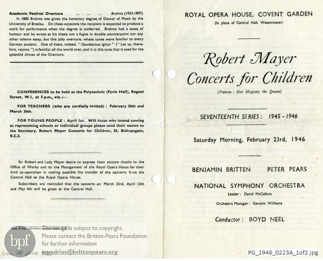 Britten, Folk Song Arrangements Vol. 1, Folk Song Arrangements Vol. 2, Folk Song Arrangements, Vol. 3, Royal Opera House, Covent Garden, London.