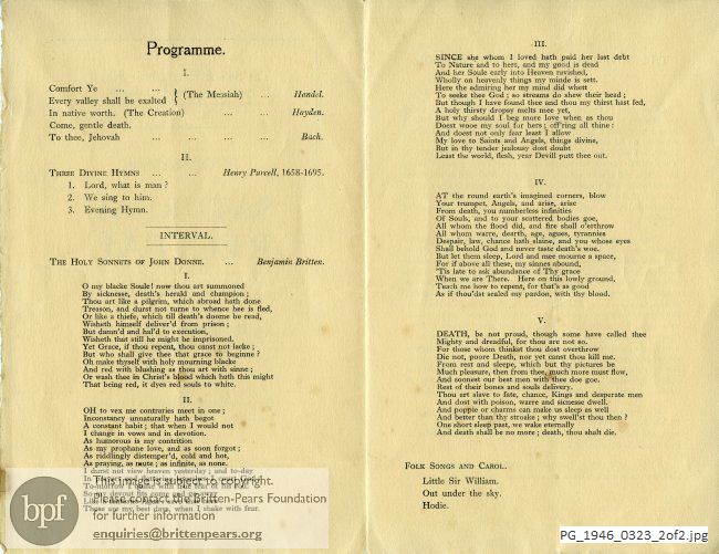 Britten Henry Purcell: Three Divine Hymns, The Holy Sonnets of John Donne, Folk Song Arrangements Vol. 1, Out Under the Sky [I wonder as I wander], Hodie [unidentified], St. Margaret's Church, Lowestoft.