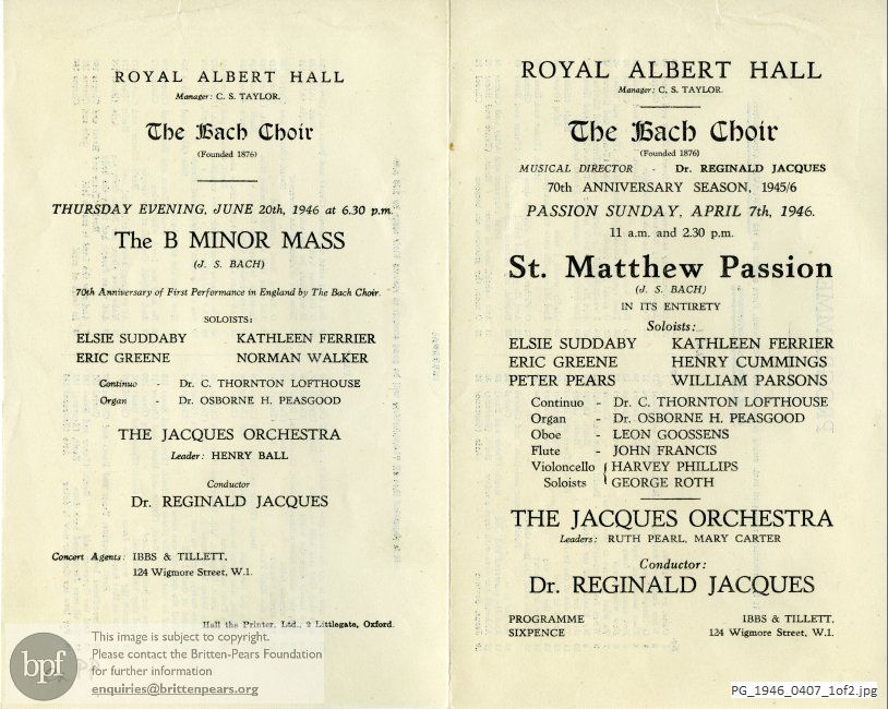 Concert programme:  Bach St. Matthew Passion, Royal Albert Hall, London.