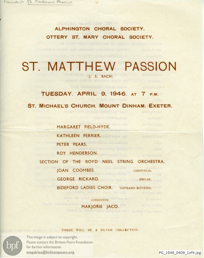 Concert programme:  Bach St. Matthew Passion, St. Michael's Church, Mount Dinham, Exeter.