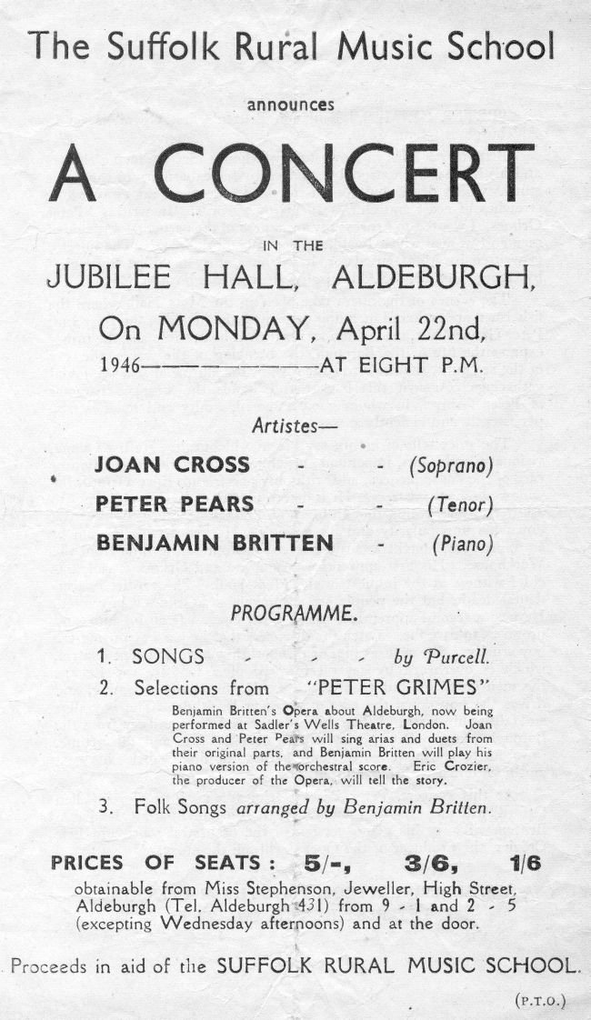 Britten Peter Grimes (selections), Folk Songs (unspecified), Jubilee Hall, Aldeburgh in aid of Suffolk Rural Music School