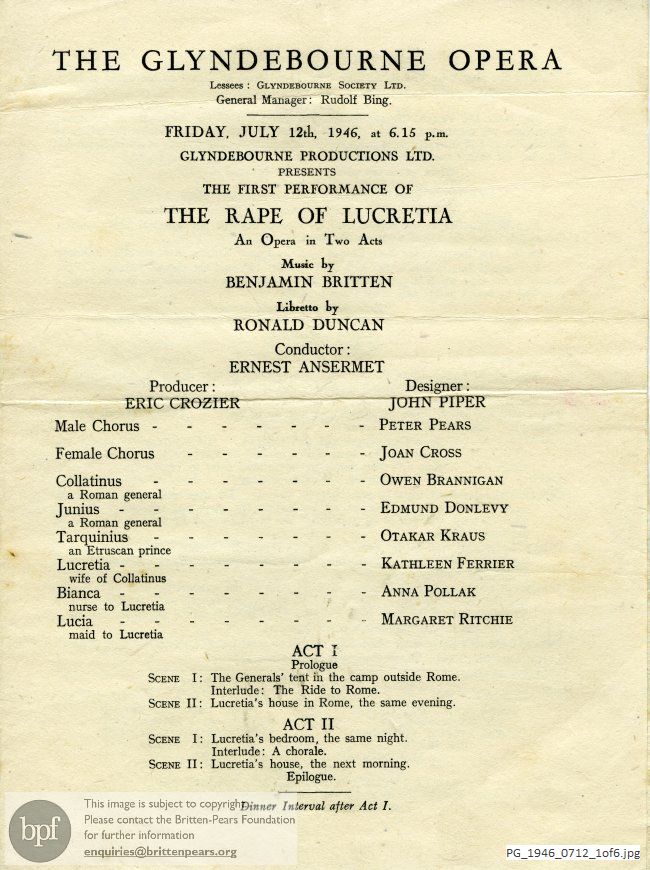 Concert programme:  Britten The rape of Lucretia, Glyndebourne, Sussex.