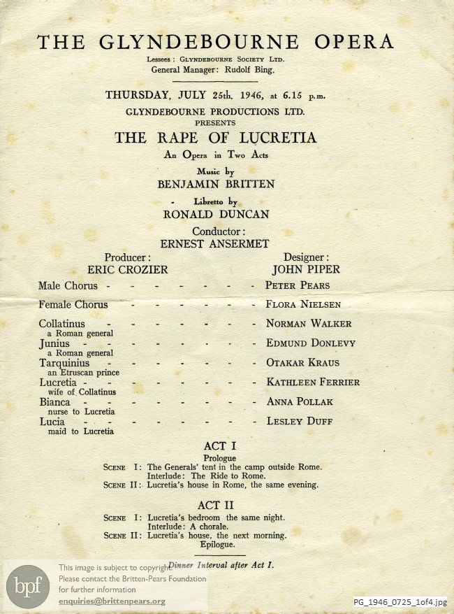 Concert programme:  Britten The rape of Lucretia, Glyndebourne, Sussex