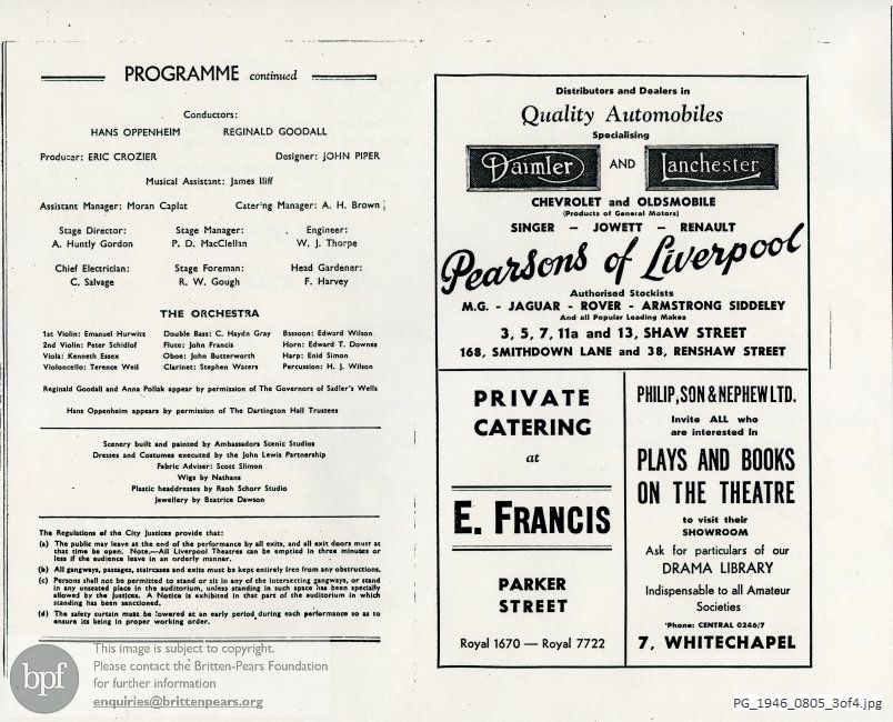 Concert programme:  Britten The rape of Lucretia, Royal Court Theatre, Liverpool.