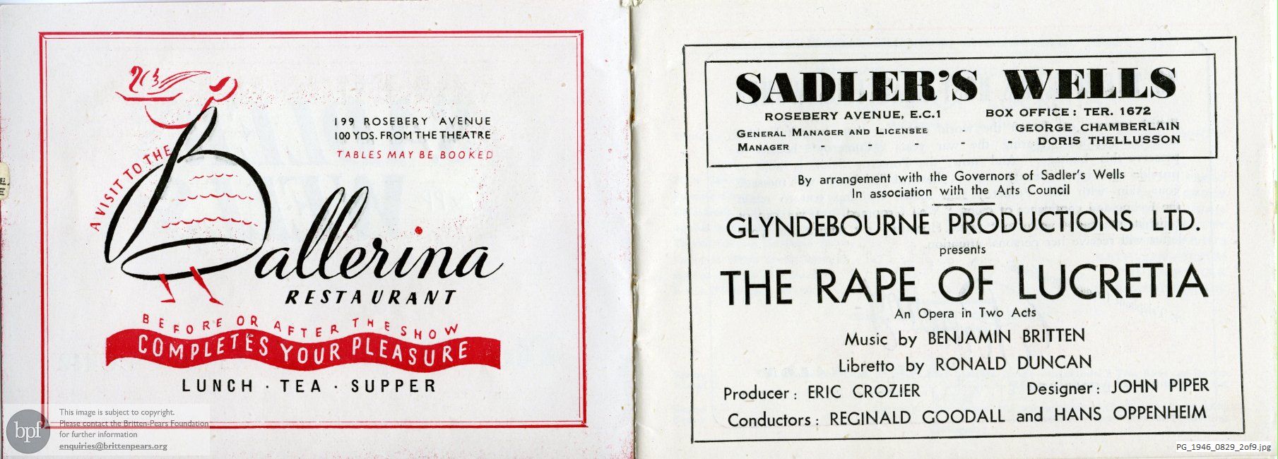 Concert programme:  Britten The Rape of Lucretia, Sadler's Wells, London