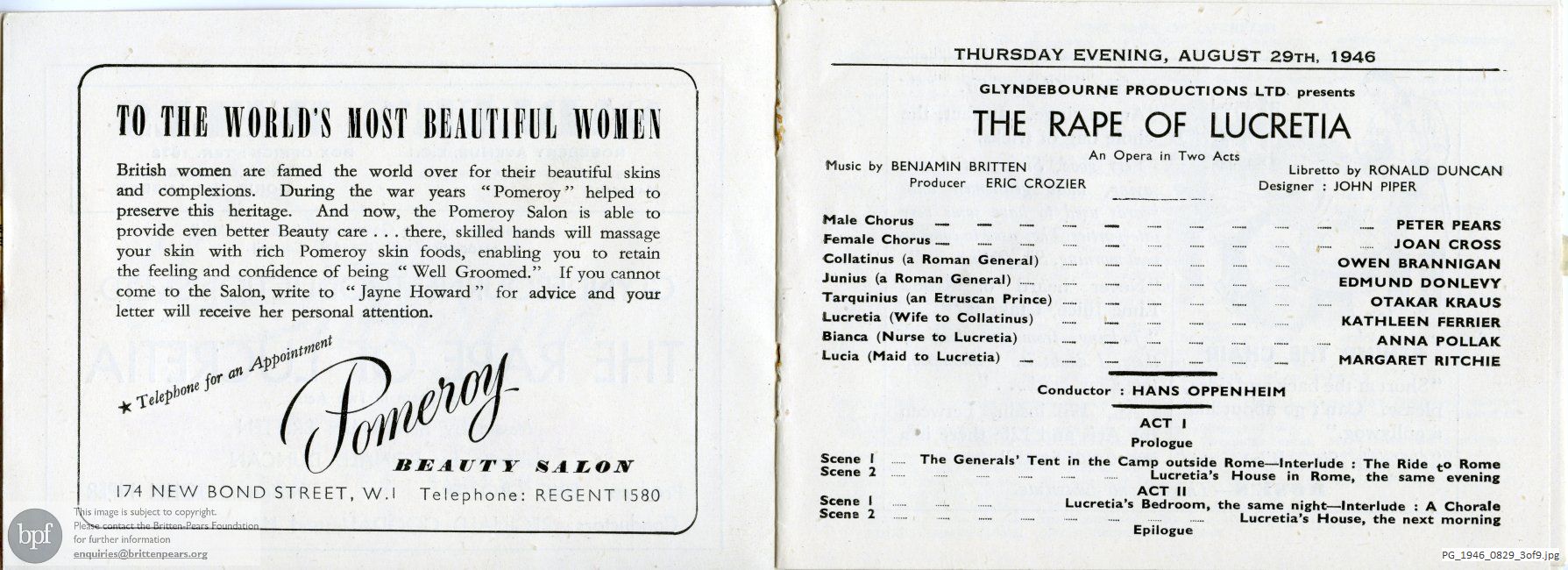 Concert programme:  Britten The Rape of Lucretia, Sadler's Wells, London
