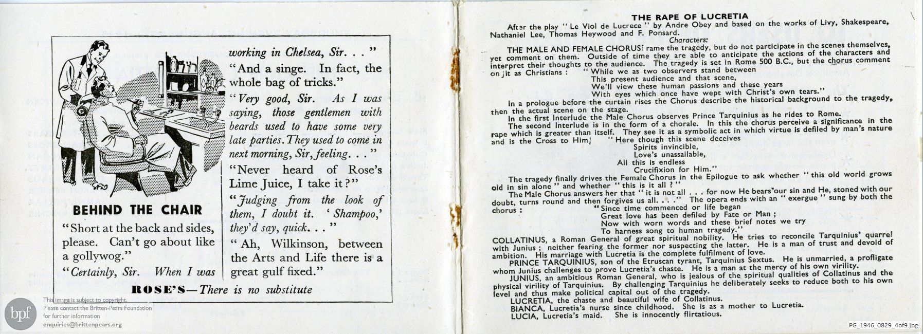 Concert programme:  Britten The Rape of Lucretia, Sadler's Wells, London