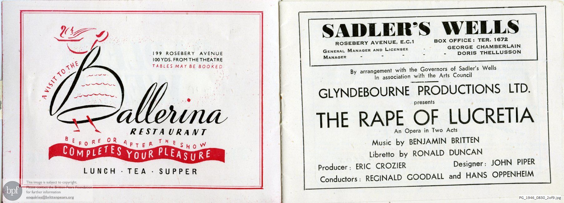 Concert programme:  Britten The rape of Lucretia, Sadler's Wells, London