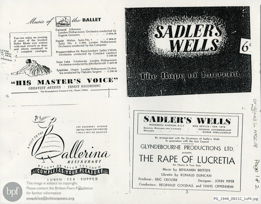 Concert programme:  Britten The rape of Lucretia, Sadler's Wells, London.