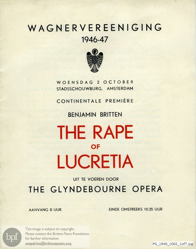 Concert programme:  Britten The rape of Lucretia, Stadsschouwburg, Amsterdam.