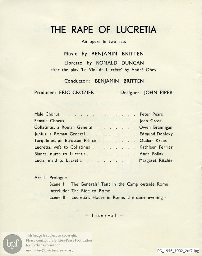 Concert programme:  Britten The rape of Lucretia, Stadsschouwburg, Amsterdam.