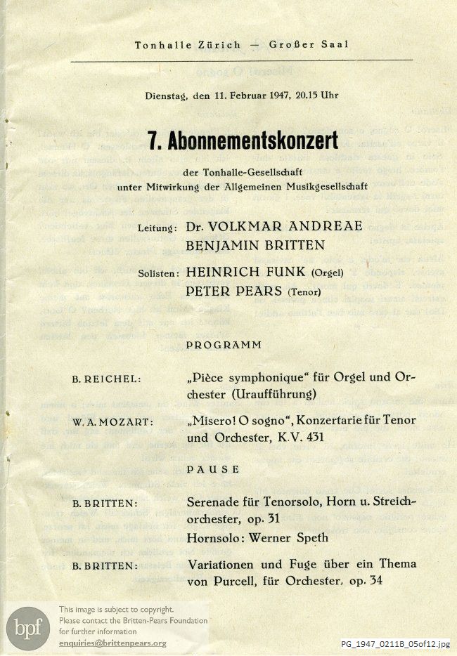 Britten Serenade for Tenor, Horn and Strings, Young Person's Guide to the Orchestra, Tonhalle Gesellschaft, Zurich