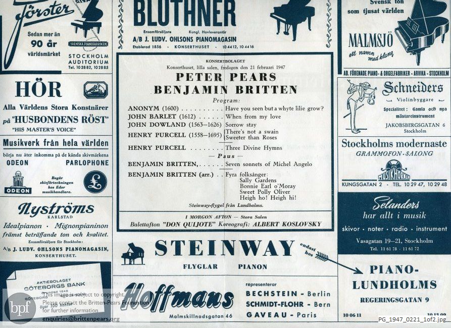 Britten, Henry Purcell: Six Songs, Henry Purcell: Three Divine Hymns, Seven Sonnets of Michelangelo, Folk Song Arrangements Vol. 1, Folk Song Arrangements Vol. 2, Folk Song Arrangements Vol. 3, Konserthuset, Stockholm