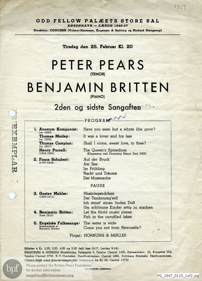 Britten, Henry Purcell: The Queen's Epicedium, On this Island, Fish in the Unruffled Lakes], Folk Song Arrangements Vol. 3, Copenhagen.