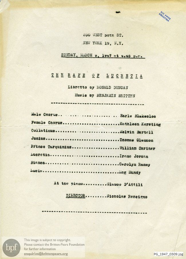 Britten The Rape of Lucretia, New York