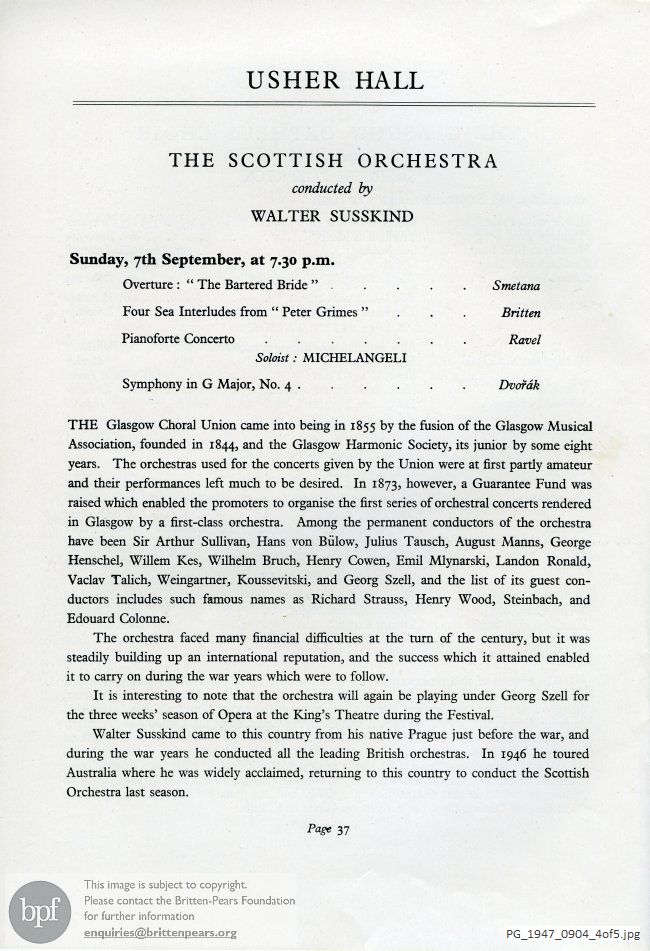 Concert programme:  Britten Les Illuminations, The Young Person's Guide to the Orchestra, Four Sea Interludes from Peter Grimes, Various Venues, Edinburgh