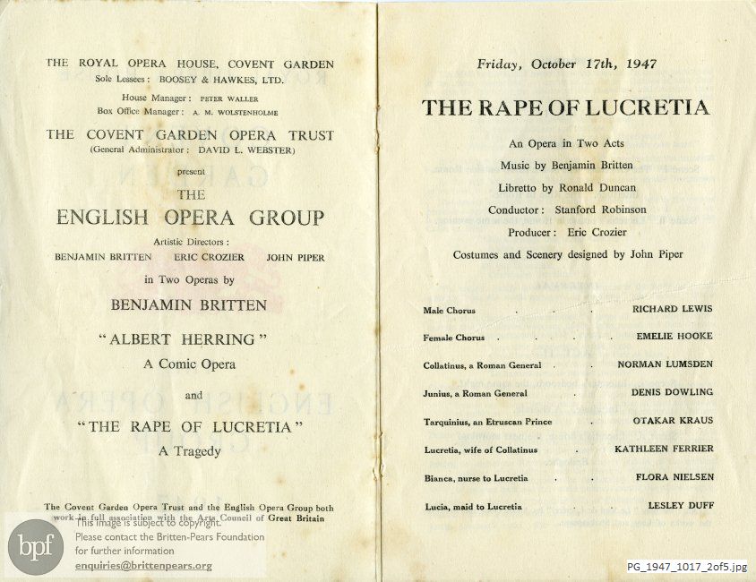 Concert programme:  Britten The rape of Lucretia, Royal Opera House, Covent Garden, London